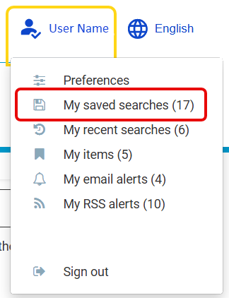 Screenshot of a My EUR-Lex drop-down menu with 'My saved searches' highlighted.